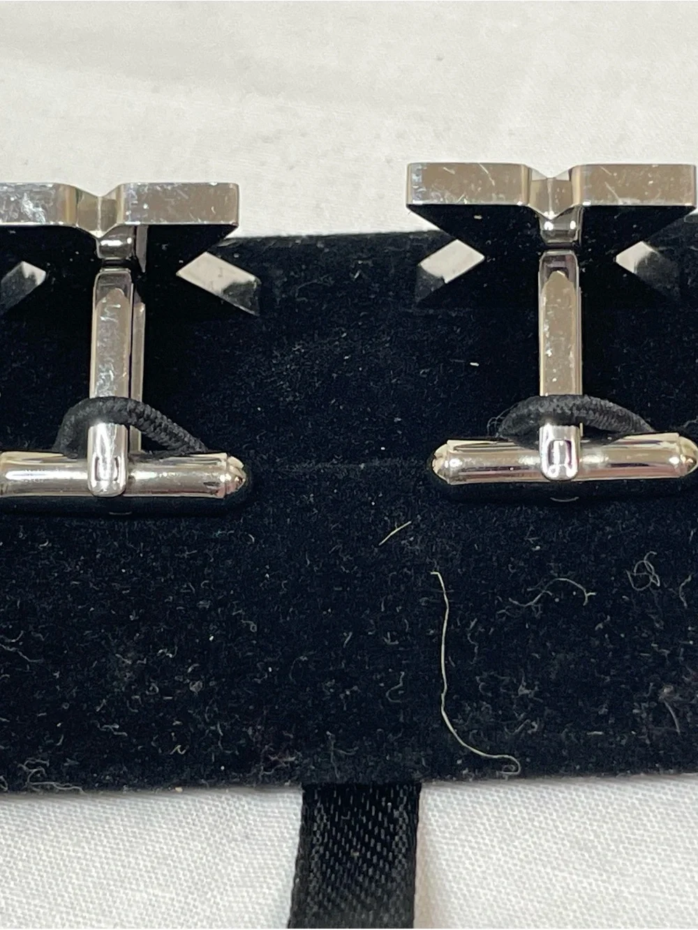 Modern Silver Tone Blue Enamel X-Shaped Cufflinks Set with Display Pad